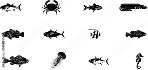 black silhouettes of various sea creatures and fish on white background