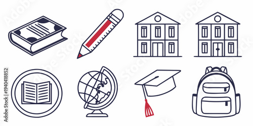Set of school and education icons including book, pencil, school building, globe, graduation cap, and backpack