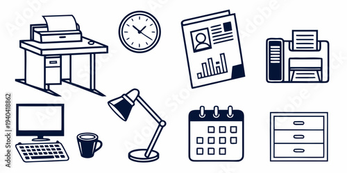 Set of office and workspace icons including desk, clock, document, printer, computer, lamp, calendar, and filing cabinet