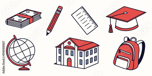 Set of school and education icons including graduation cap, backpack, globe, school building, pencil, ruler and books
