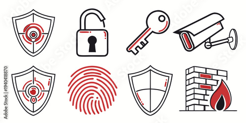 Set of security and protection icons including shield, padlock, key, surveillance camera, fingerprint and firewall