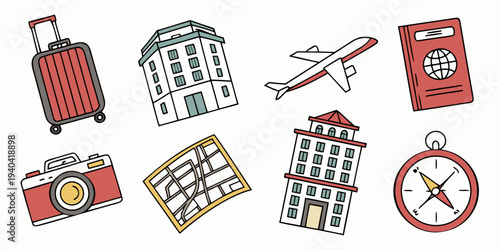Hand drawn travel icons set with suitcase airplane passport camera map hotel and compass