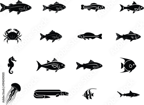 black silhouettes of various sea creatures and fish on white background