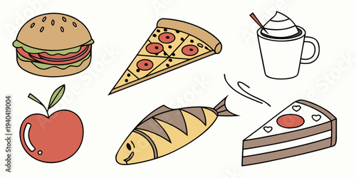 Hand drawn doodle set of various food items including burger pizza coffee fish apple and cake slice