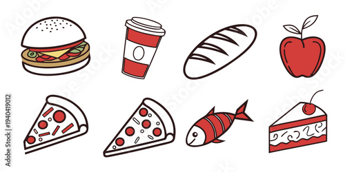Set of hand drawn food icons including burger, coffee, bread, apple, pizza, fish and cake
