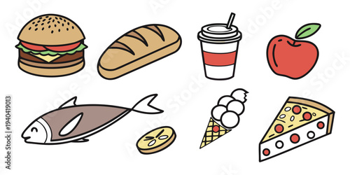 Set of hand drawn food icons including burger, bread, drink, apple, fish, ice cream and pizza slice
