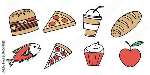 Set of hand drawn food icons including burger, pizza, drink, bread, fish, cupcake and apple