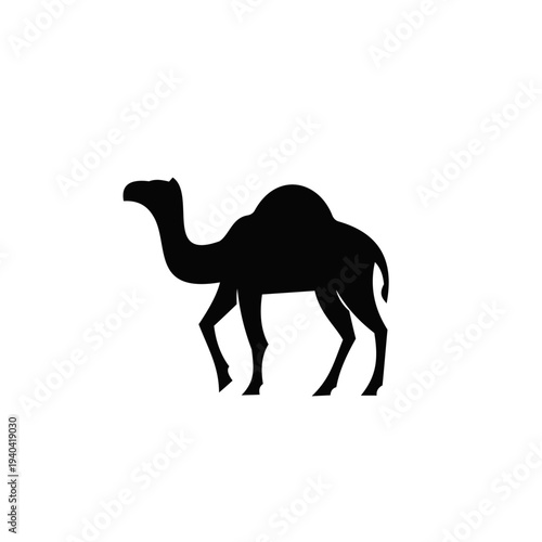 Black Silhouette Dromedary Camel Standing Isolated on White Background