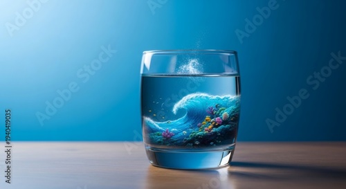 Powerful ocean wave with coral reef inside a drinking glass - world water day 