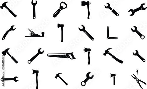 collection of black silhouettes of various hand tools on white background