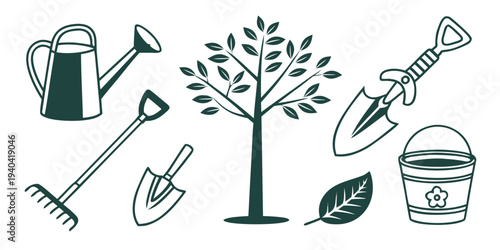 Set of gardening tools and tree icon illustration