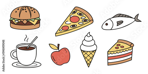 Set of hand drawn food icons including burger, pizza, fish, coffee, apple, ice cream and cake