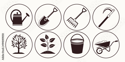 Set of gardening icons with tools and plants