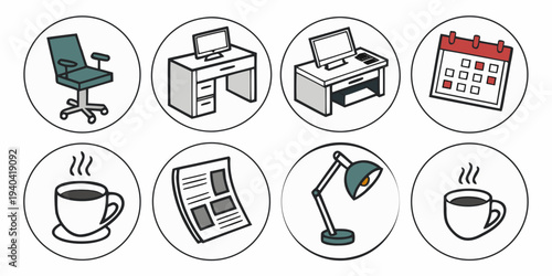Set of office and workplace icons including desk, chair, computer, calendar, coffee, newspaper and lamp