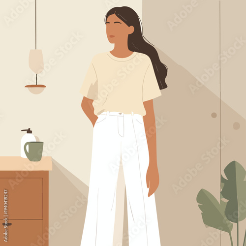 Woman standing relaxed in a minimalist interior space with casual clothing and thoughtful expression