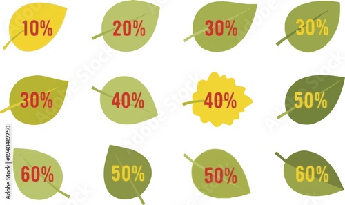 Autumn leaf shapes with percentage discounts for seasonal sales and promotions leaves