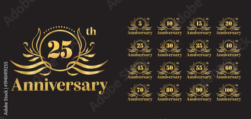 Elegant gold anniversary logos on black, with numbers 5, 10, 15, 20, 25, 30, 35, 40, 45, 50, 55, 60, 70, 80, 90, 100 years. Perfect for celebrating corporate and personal milestones.