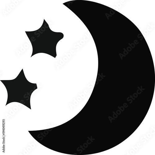 Black Silhouette of Crescent Moon with Two Stars on White Background Keywords: moon, crescent, star, night, sky