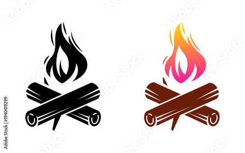 Two stylized campfire icons featuring burning wood logs and abstract flames one in solid black, the other with brown logs and a vibrant yelloworangepink gradient flame.