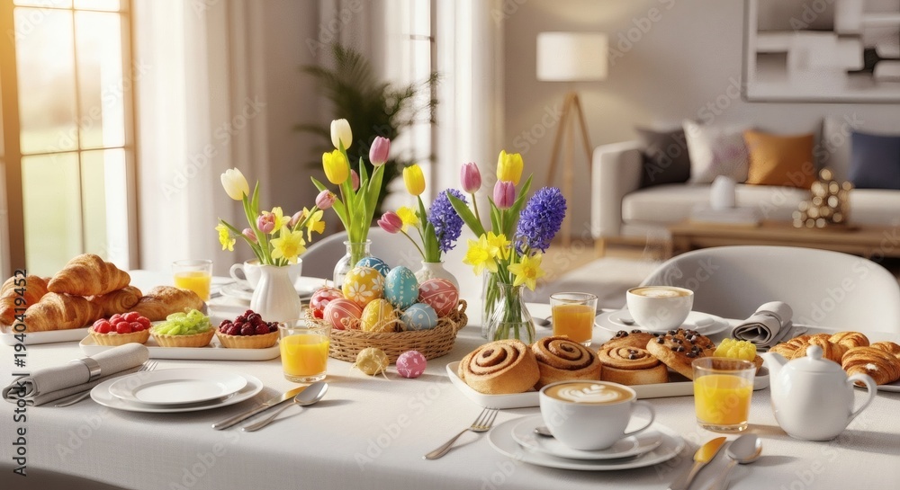 Fototapeta premium Festive Easter breakfast table with pastries, fruit, and spring flowers