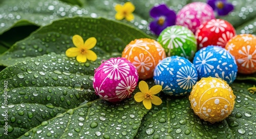 Colorful patterned Easter eggs with water drops on a green leaf
