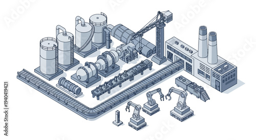 Isometric illustration of an industrial production facility with machinery, robotic arms, and equipment on a white background, showcasing Industry 4.0 technology and manufacturing tools