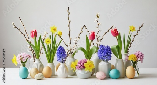 Assorted spring flowers in white vases with neutral Easter eggs