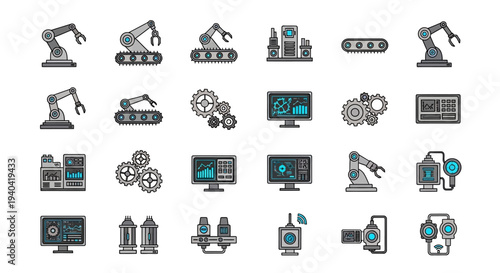 Flat lay of various industrial icons and tools related to technology, production, and manufacturing on a clean white background