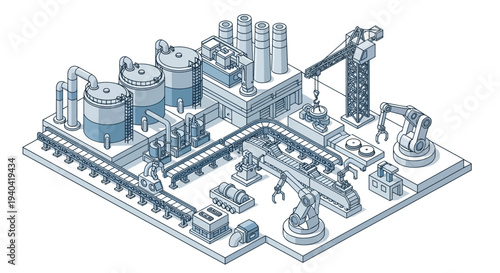 Isometric illustration of an industrial machine production facility with various equipment and tools, showcasing a manufacturing process in a 3D style