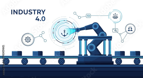 A robotic arm interacts with icons on a production line in an Industry 4.0 setting with a technological mood