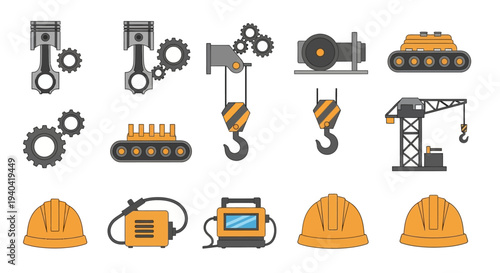 Flat lay of industrial icons including gears, machinery, construction vehicles, and safety equipment against a clean white background
