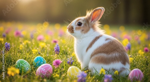 Cute brown and white rabbit sitting in a spring flower meadow