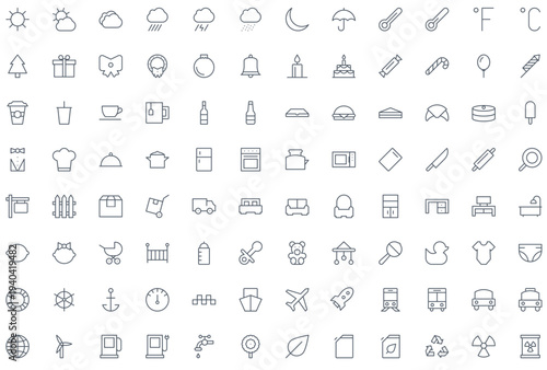 Minimalist Line Icon Set for Lifestyle, Weather, Food, and Transportation