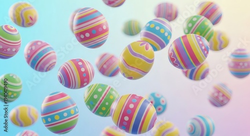 Decorative patterned Easter eggs floating against a pastel background