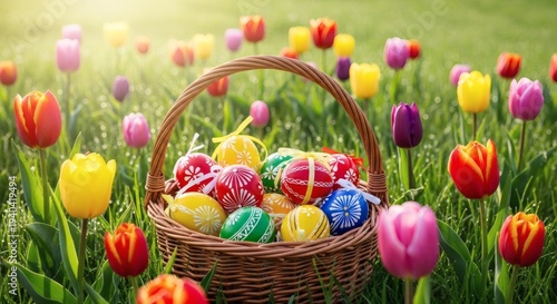 Woven basket filled with decorated Easter eggs in a tulip field
