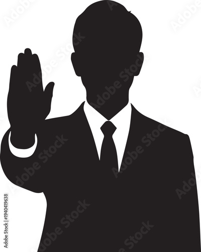 Professional businessman silhouette illustration holding hand up for stop vector sign art