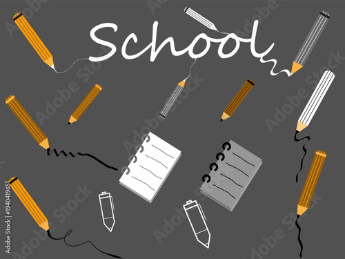 A collection of hand-drawn pencil illustrations. Yellow pencil vectors. Doodles of stationery, pencils, and books.