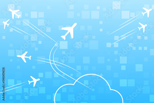 White stylized airplanes flying across a blue gradient sky with abstract square patterns and white contrails, symbolizing global travel, aviation, and digital connectivity. Modern vector illustration.