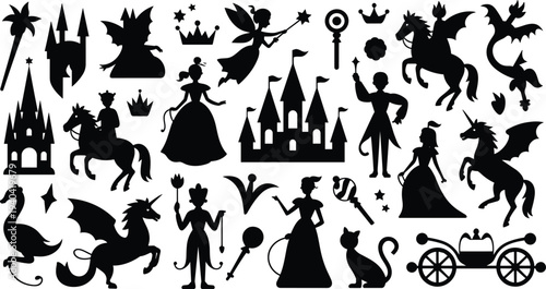 fairy tale silhouette collection, princess dragon unicorn castle icons set, fantasy magic characters illustration, storybook kingdom elements bundle