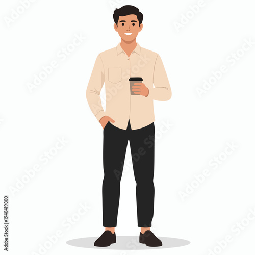 A smiling man standing with a coffee cup in his hand and the other in his pocket, full-body view