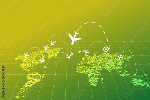 Digital world map with dotted continents and grid lines, showcasing global air travel routes with white airplane icons and location pins on a green gradient background.