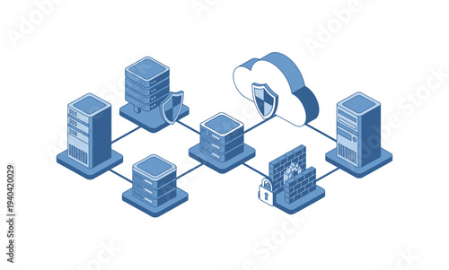 Secure Cloud Computing and Network Infrastructure Isometric Illustration.