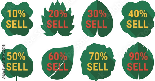 Set of Eight Green Leaf Icons with Percentage Sale Labels Keywords: sale, discount, percentage, sell, offer, promotion