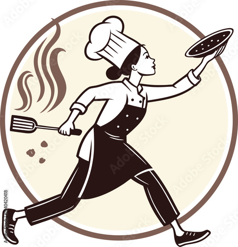 Vector illustration of chef running with pizza and utensils