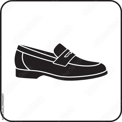 Black and white illustration of a loafer shoe on white background
