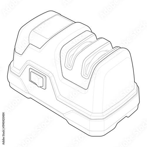 Isometric line illustration of an electric knife sharpener machine used for sharpening kitchen knives and blades.