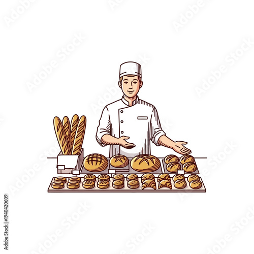 A friendly baker in uniform presenting a wide array of freshly baked bread and pastries on a display counter.
