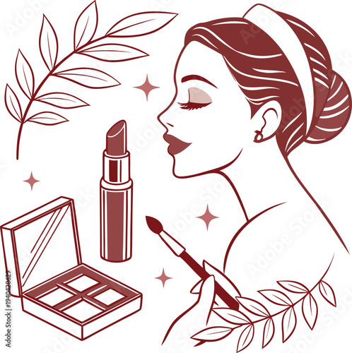 Vector illustration of woman applying makeup with cosmetics