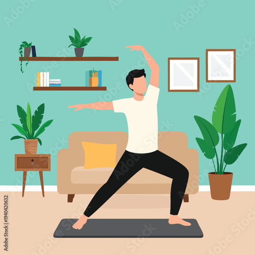 A man practices yoga in a serene living room with plants and a couch, captured from a slight angle.