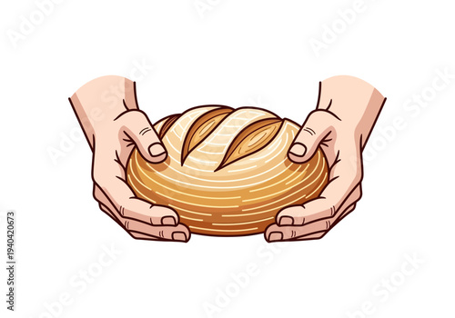 Two hands gently holding a freshly baked, rustic loaf of bread, symbolizing sustenance and care.